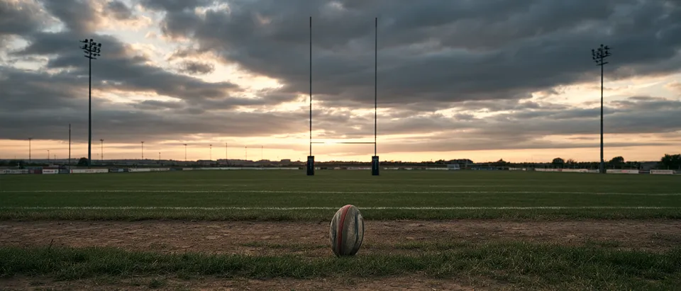 Poteaux de rugby en H se détachant sur un ciel nuageux au crépuscule