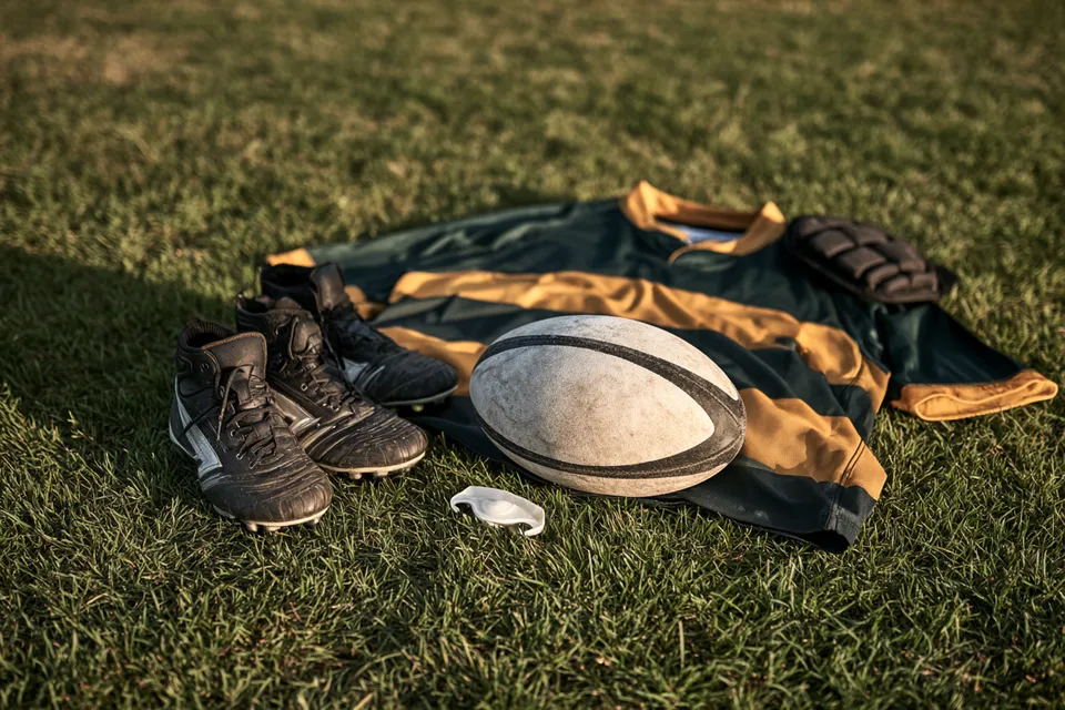 Équipement de rugby posé sur l’herbe : crampons moulés, ballon ovale, protège-dents et épaulière